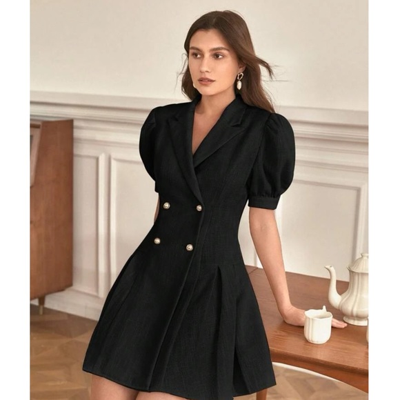 FRENCH PUFF SLEEVE DOUBLE BREASTED PLEATED HEM DRESS - Picture 2 of 16